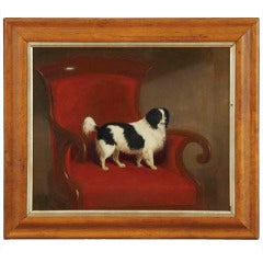 British School "Black and White Spaniel Dog in a William IV Chair" Oil on Canvas