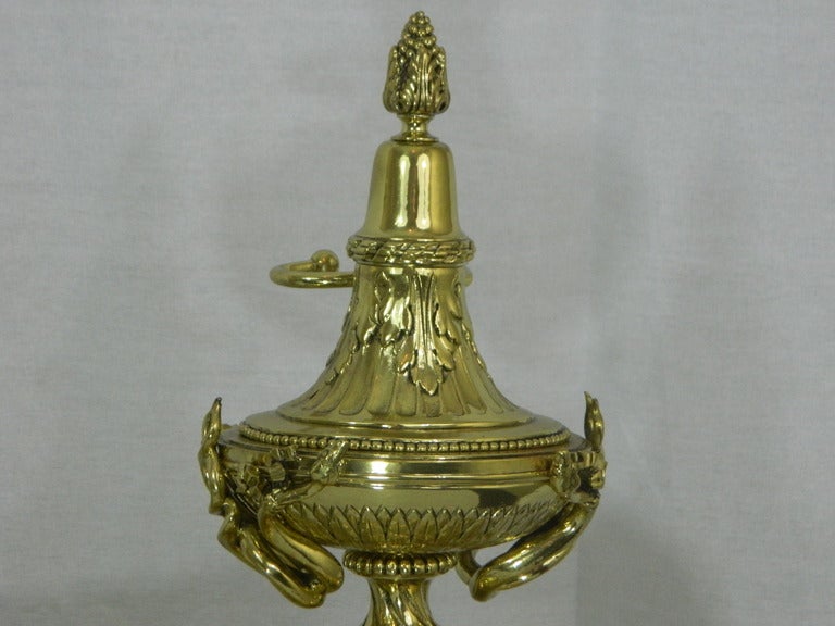 Brass Pair of Chenets or Andirons with Urns Motif and Acorn Finials, 19th Century For Sale