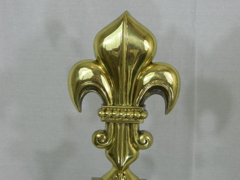 Brass Pair of Chenets or Andirons with Large Fleur De Lys, 19th Century