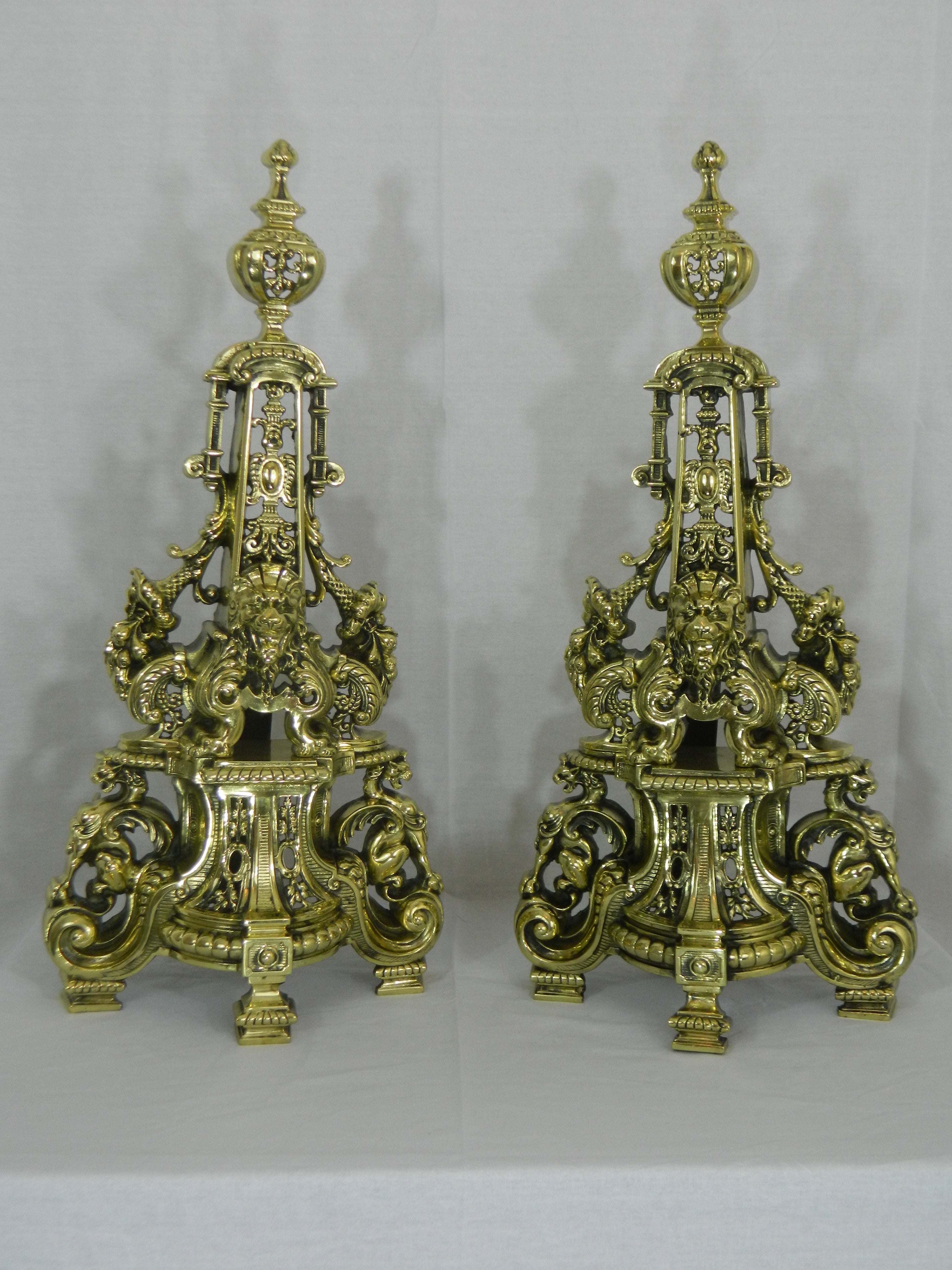 Pair of Tall Chenets or Andirons with Fleur de Lys and Center Bar or Fender