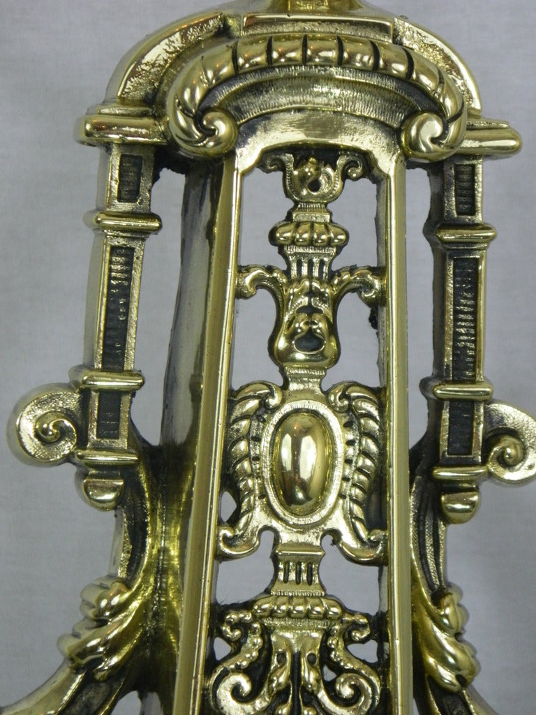 Brass Pair of Tall Chenets or Andirons with Fleur de Lys and Center Bar or Fender