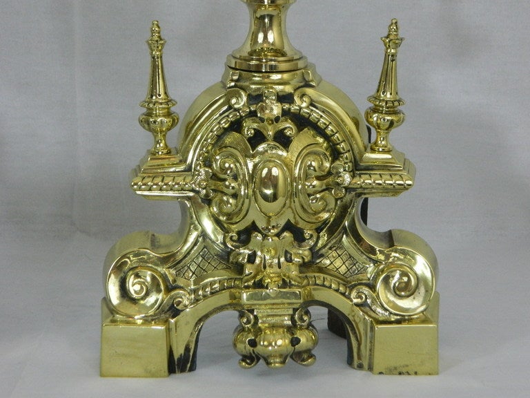 Brass Pair of Chenets or Andirons with Two Pierced or Reticulated Balls, 19th Century For Sale
