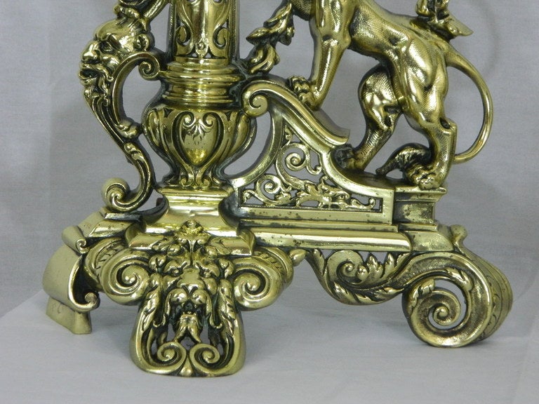 Brass Pair of Chenets or Andirons with a Center Bar or Fender, 19th Century For Sale