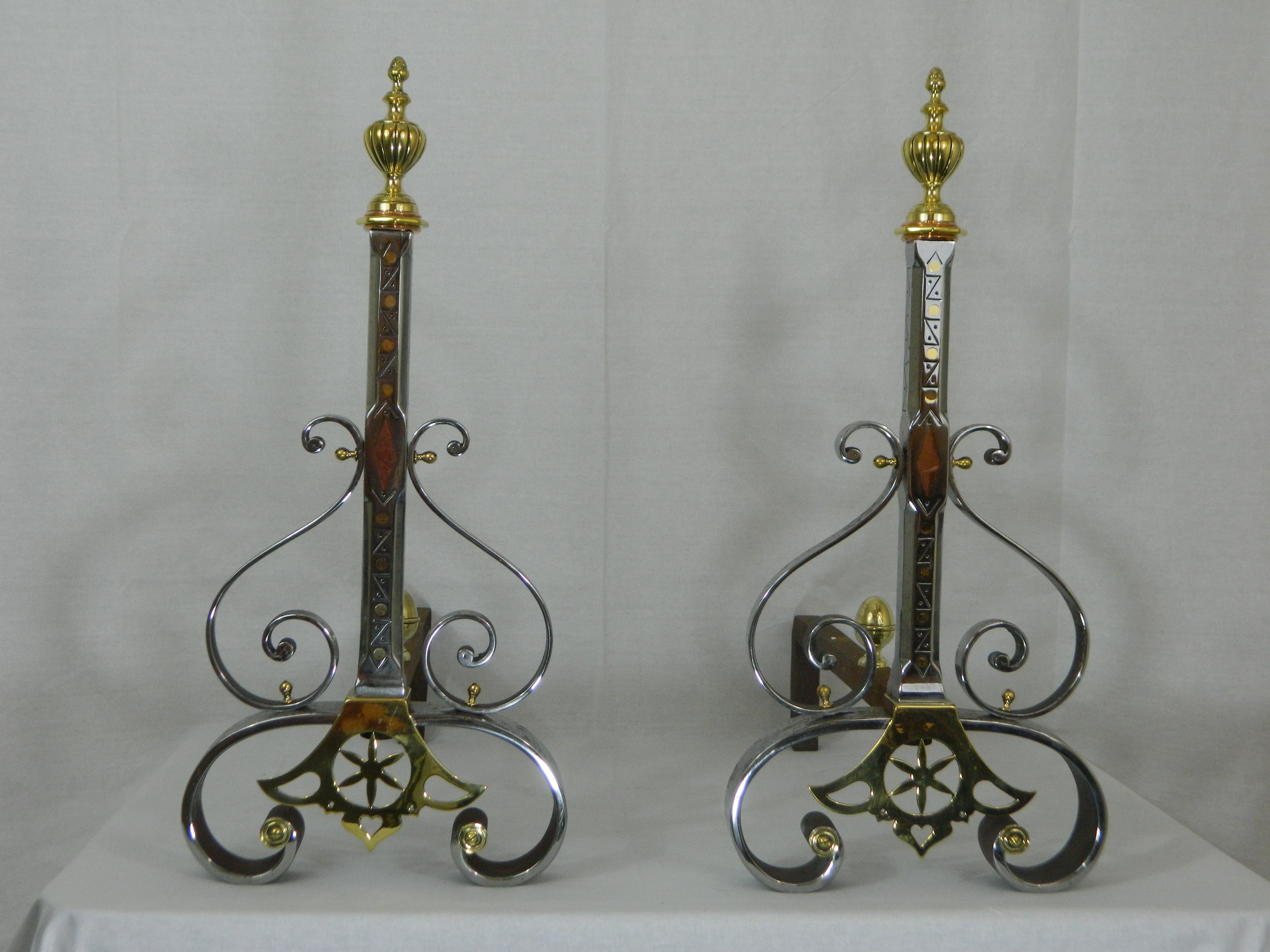 Pair of Iron, Copper and Brass Chenets or Andirons, 19th Century