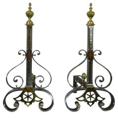 Pair of Iron, Copper and Brass Chenets or Andirons, 19th Century