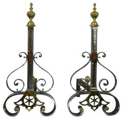 Pair of Iron, Copper and Brass Chenets or Andirons, 19th Century 4