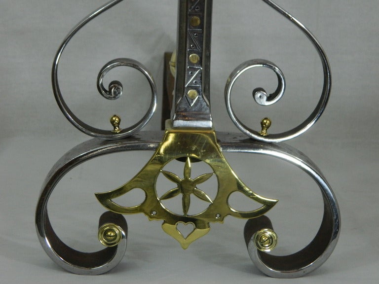 French Pair of Iron, Copper and Brass Chenets or Andirons, 19th Century