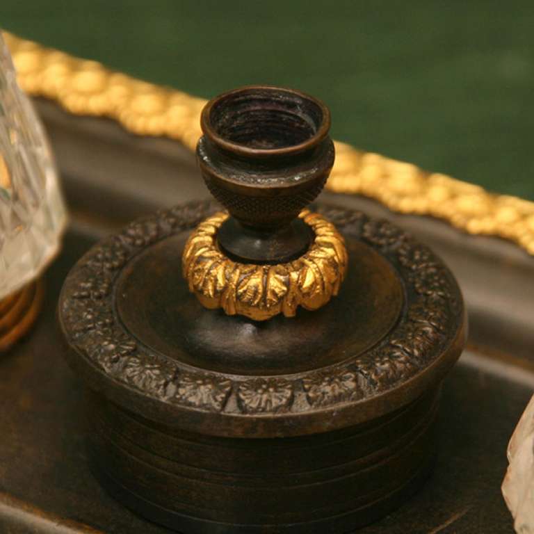 French 19th Century Regency Gilt and Patinated Bronze and Cut Glass Standish Inkwell