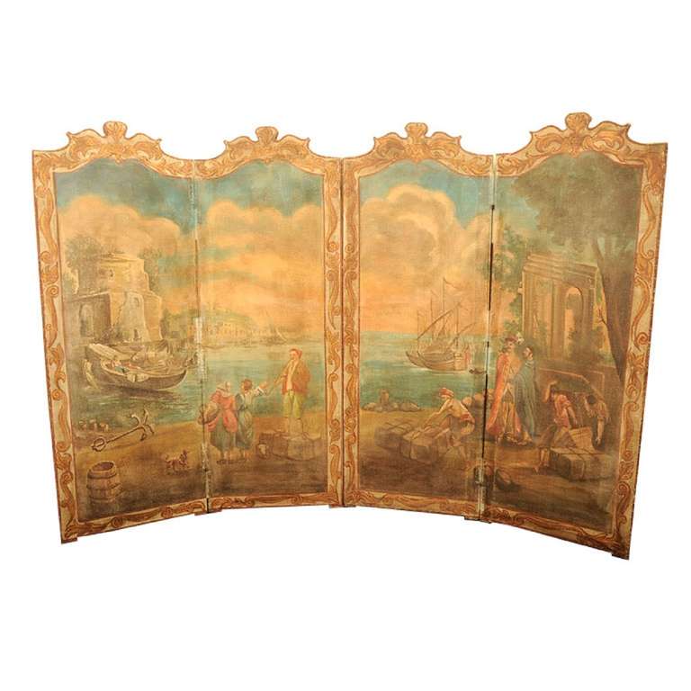 19th century French neoclassical painted canvas four-panel screen decorated with a harbor scene. Width of each panel is 28