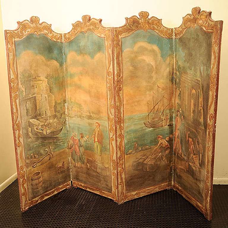 French Neoclassical Painted Canvas Four-Panel Screen Harbor Scene, 19th Century In Good Condition In Savannah, GA