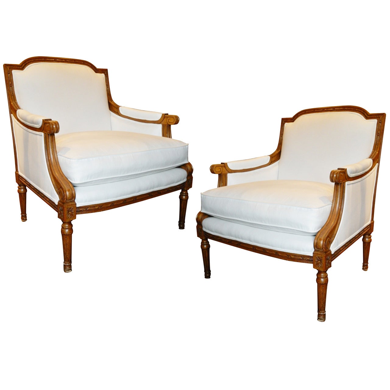 Early 20th Century Pair of Upholstered Bergere Chairs in the Louis XVI Style