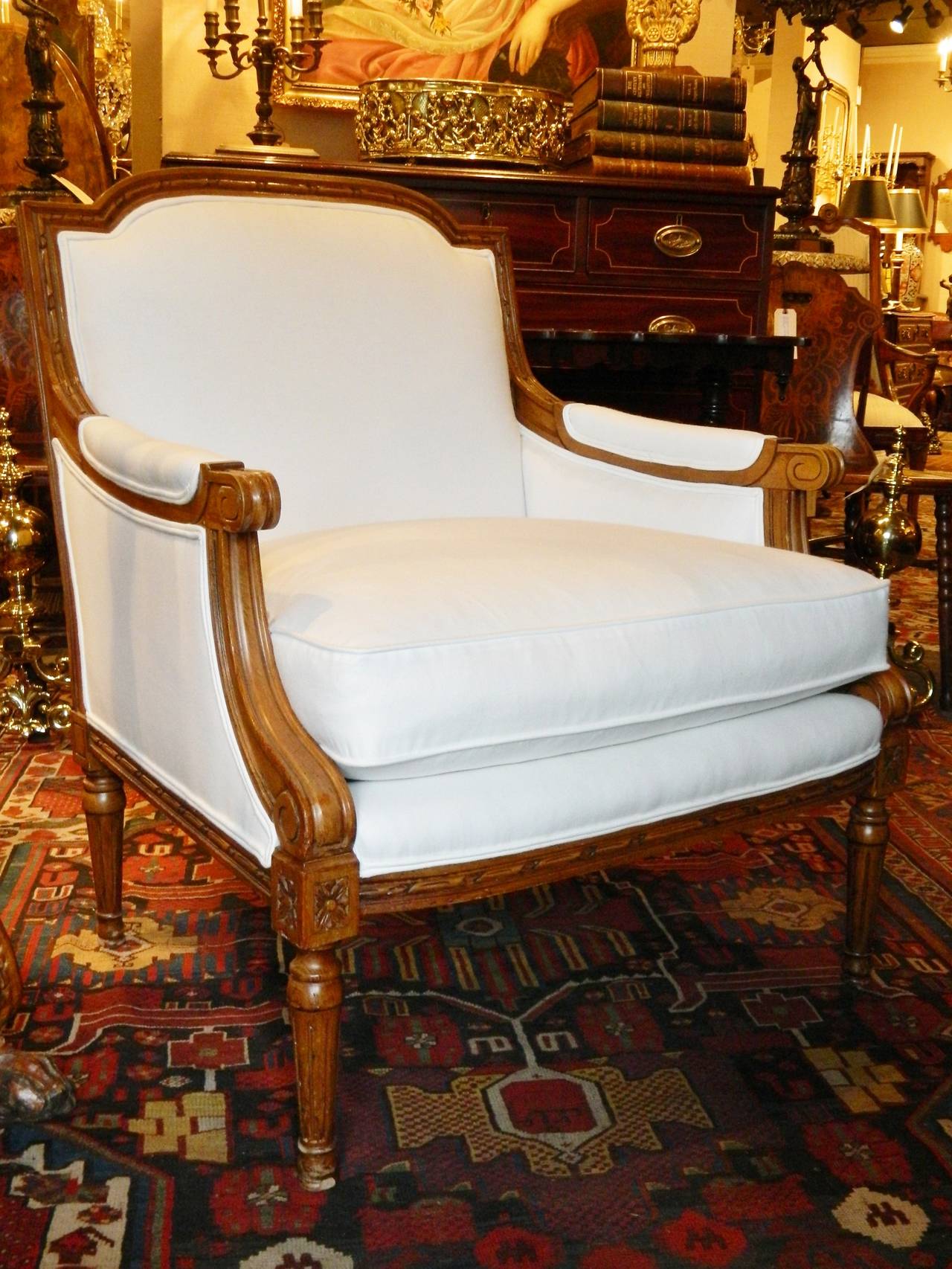 French Early 20th Century Pair of Upholstered Bergere Chairs in the Louis XVI Style