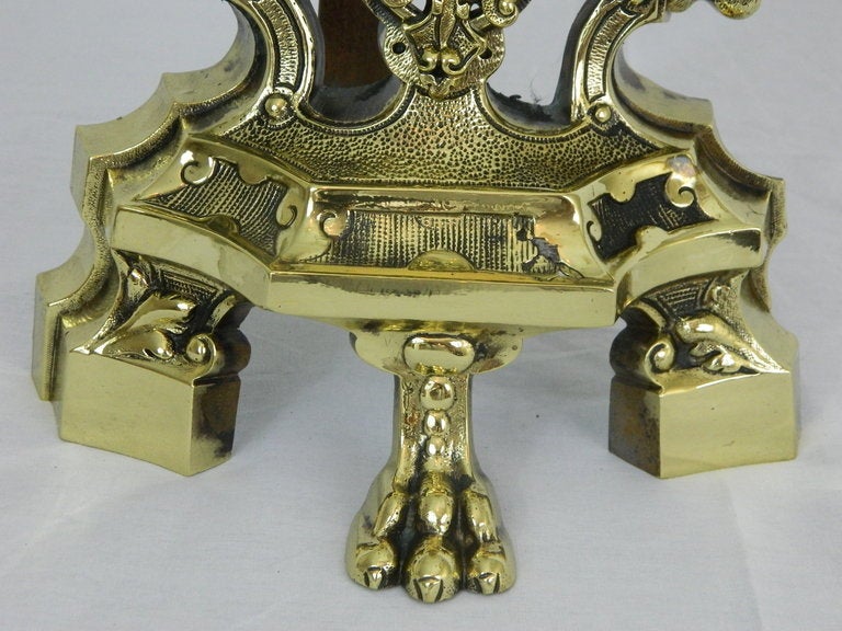 Brass Pair of Chenets or Andirons with Cherubs and Lions Motif, 19th Century For Sale
