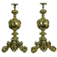 Pair of Chenets or Andirons with Cherubs and Fleur de Lys Motif