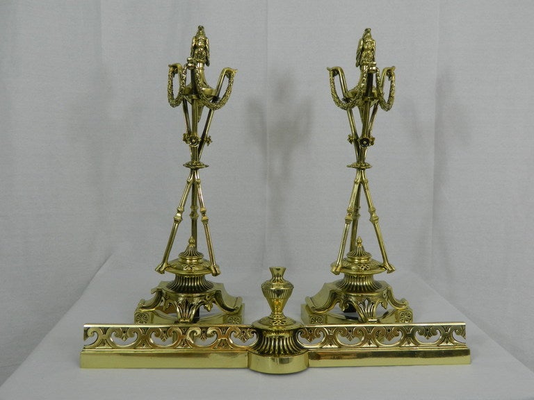 Pair of 19th century chenets or andirons with a decorative eagle finial top and a brass fender. Dimensions: Chenets 24