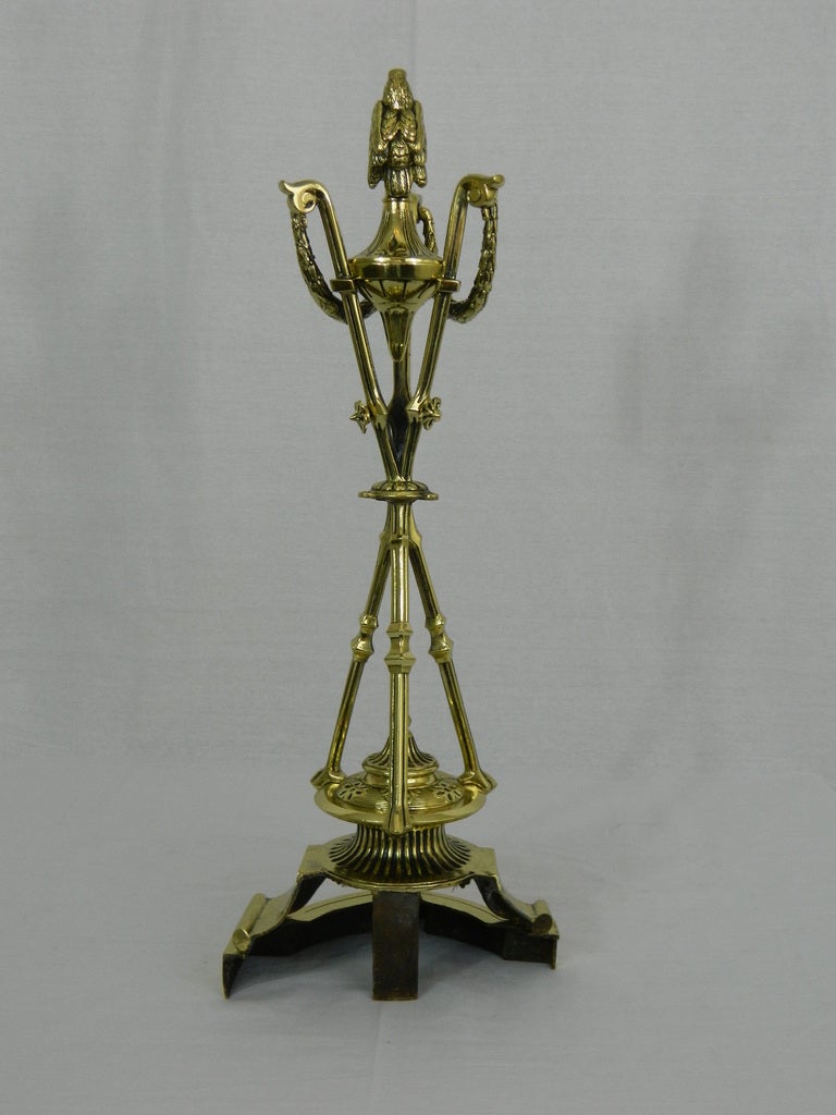 Brass Pair of Chenets or Andirons with a Decorative Eagle Finial Top, 19th Century For Sale