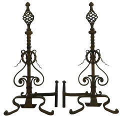 Pair of Chenets or Andirons with Scrolls, Ring Handles, and Finial Pair of Chenets or Andirons with Scrolls, Ring Handles, and Finial