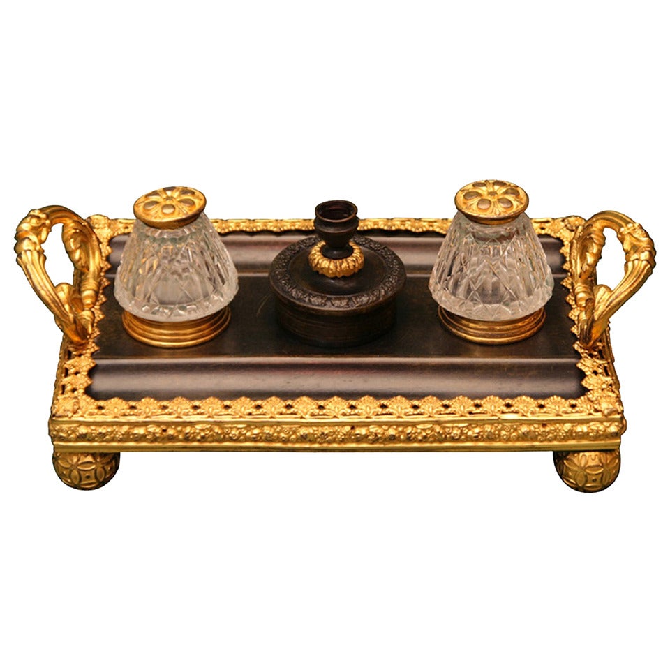19th Century Regency Gilt and Patinated Bronze and Cut Glass Standish Inkwell