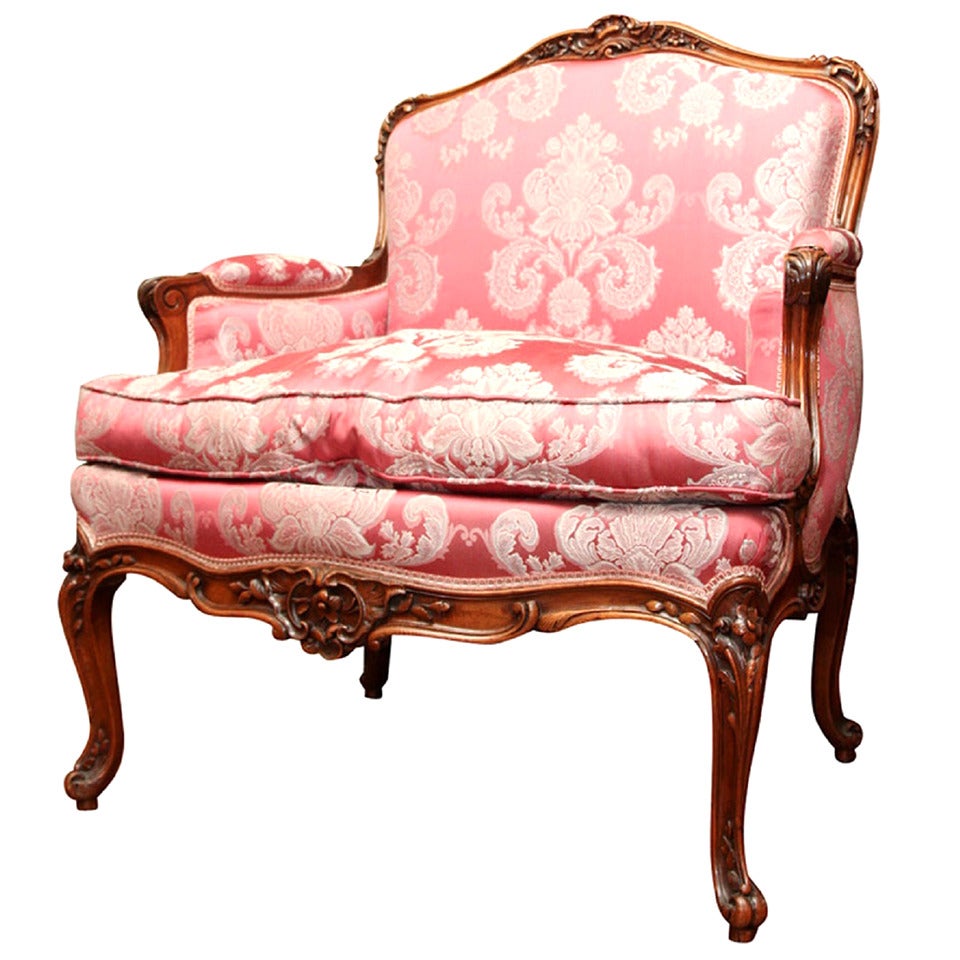 Upholstered Louis XV Style Walnut Bergere or Armchair, 20th Century