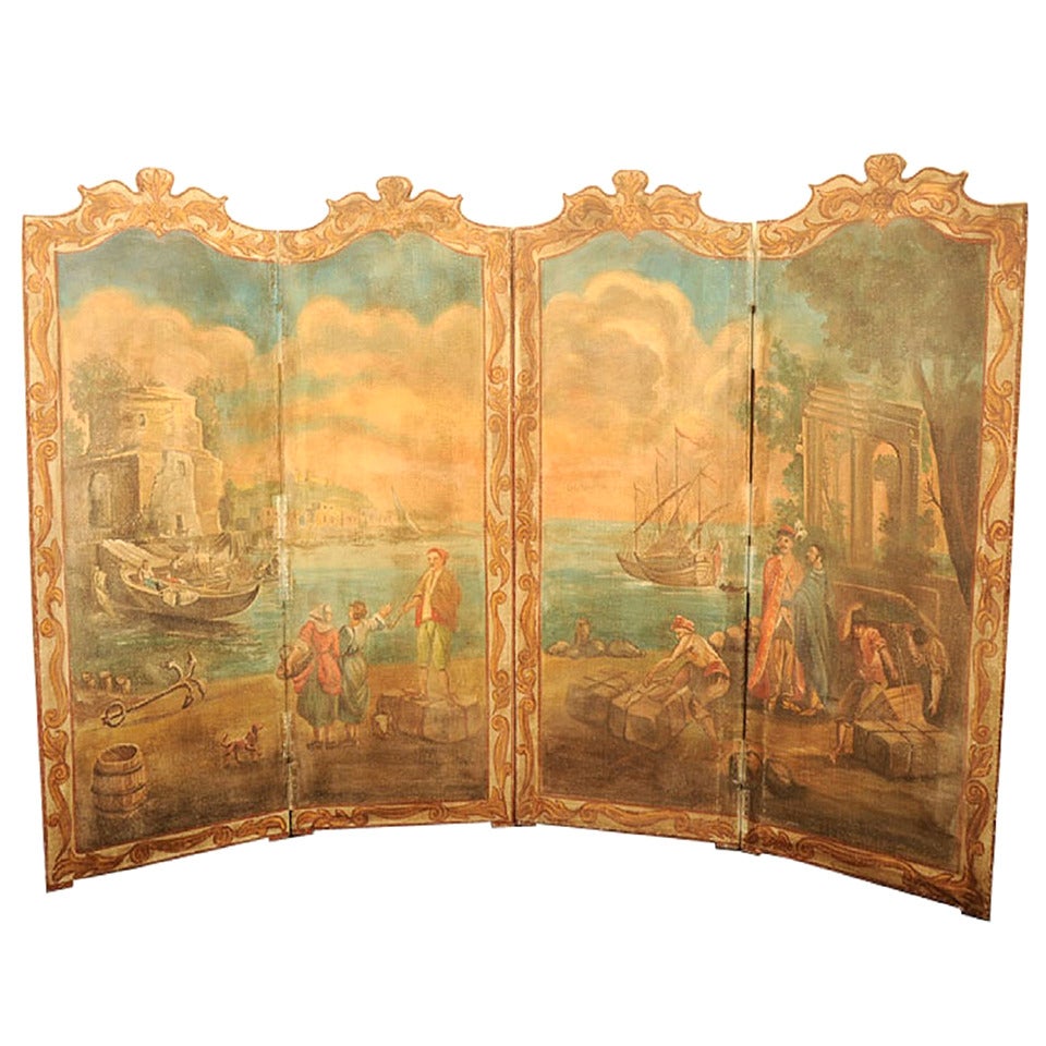 French Neoclassical Painted Canvas Four-Panel Screen Harbor Scene, 19th Century