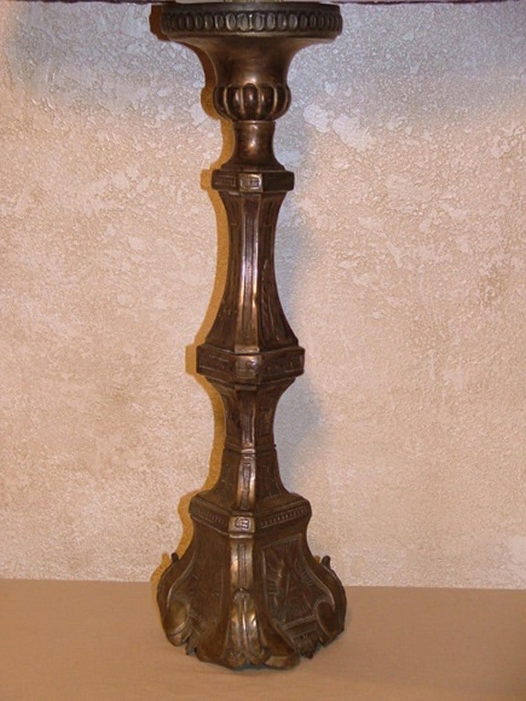 Bronze Pricket or Candlestick Adapted as a Lamp, 18th Century In Good Condition For Sale In Savannah, GA