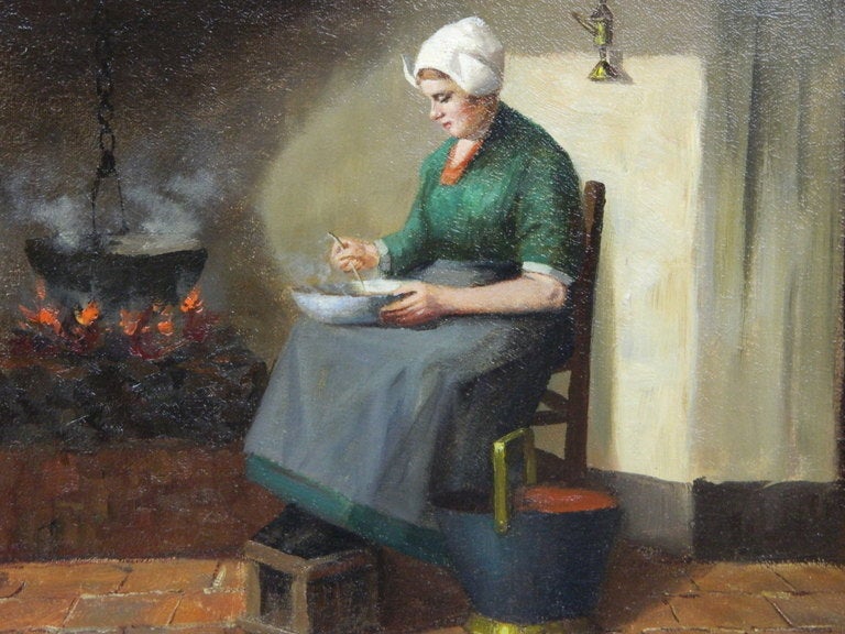 Gerahmtes Ölgemälde auf Leinwand „Frau vor dem Abendessen in einer Bauern Küche“, 19. Jahrhundert (Niederländisch) im Angebot