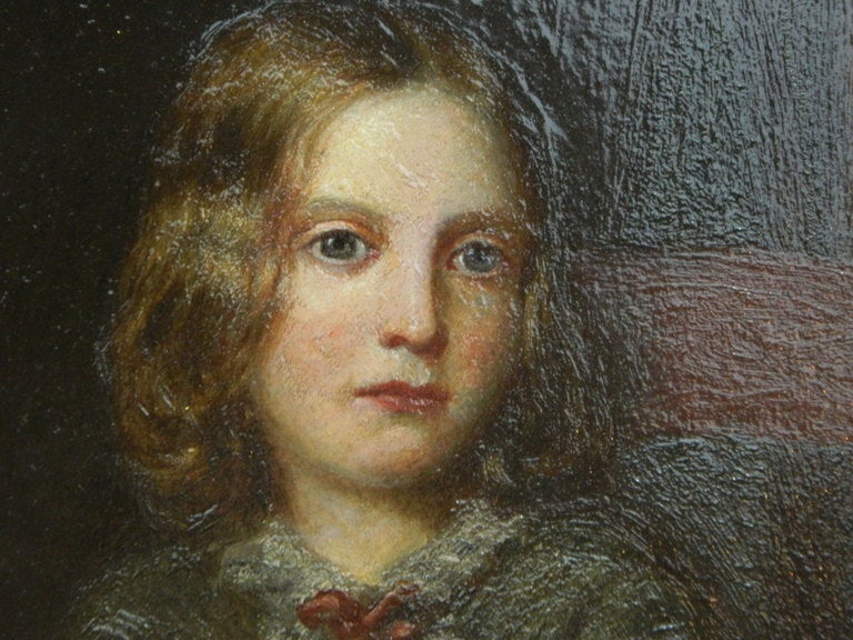British Portrait of Girl with Hat, Oil on Board, circa 1898