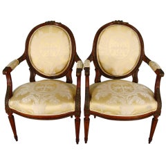 Pair of Louis XVI Style Carved Walnut & Ormolu Fauteuil Chairs