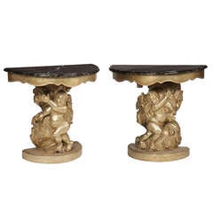 20th Century Italian Pair of Gilt Wood and Silver Gilt Consoles with Marble Tops 12