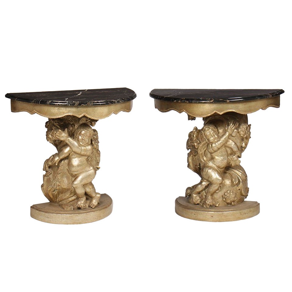 Italian Pair of Giltwood and Silver Gilt Consoles with Marble Top, 20th Century For Sale