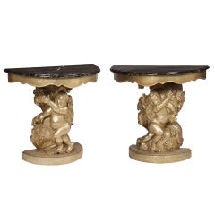 Vintage Italian Pair of Giltwood and Silver Gilt Consoles with Marble Top, 20th Century