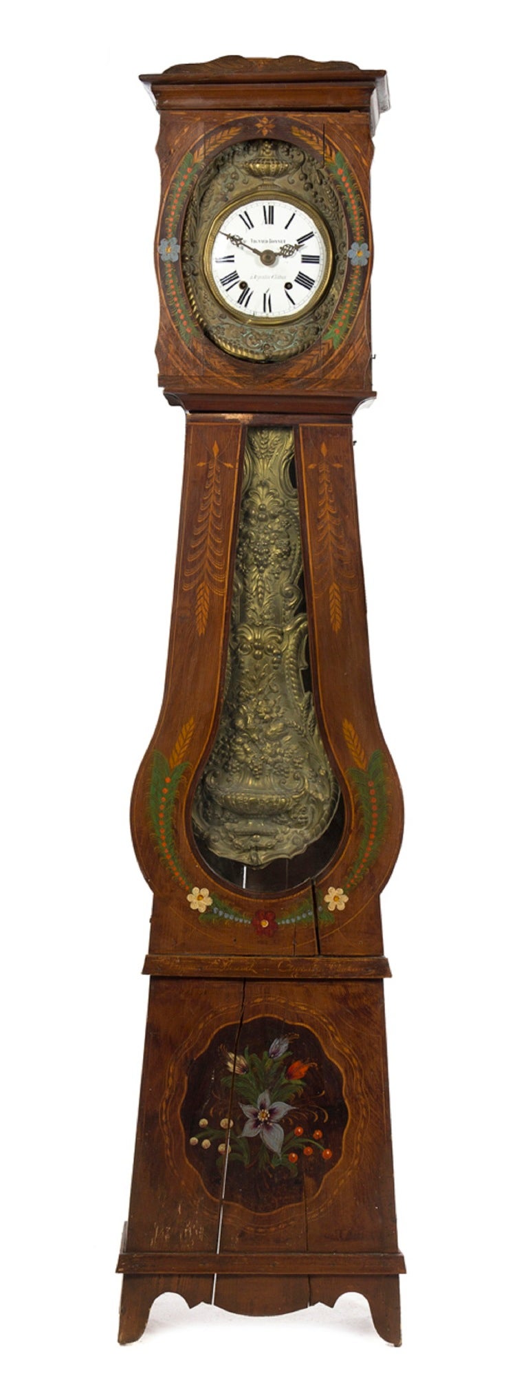 19th Century French Provincial Morbier Tall Case Clock, Vignaud Bonnet, having a circular dial with Roman numerals and a pressed brass pendulum, the case with painted floral decoration throughout