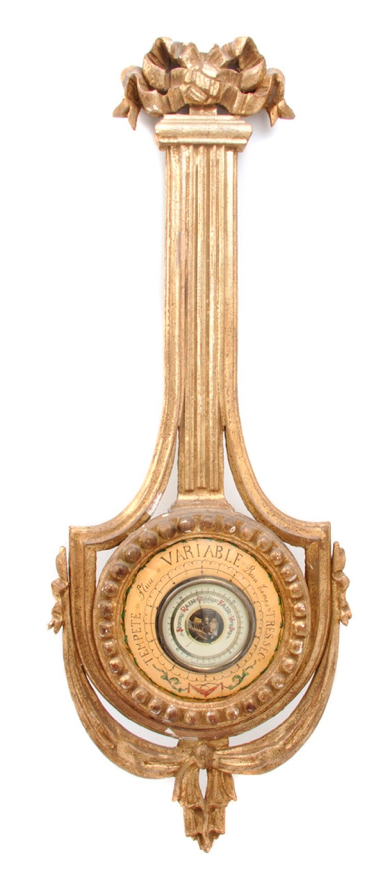 20th century Italian neoclassical giltwood wheel barometer, having a ribbon-tied finial over the fluted frame with the dial flanked by swags.