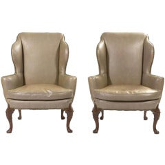 A Pair of George II Style Wing Back Chairs with Leather Upholstery