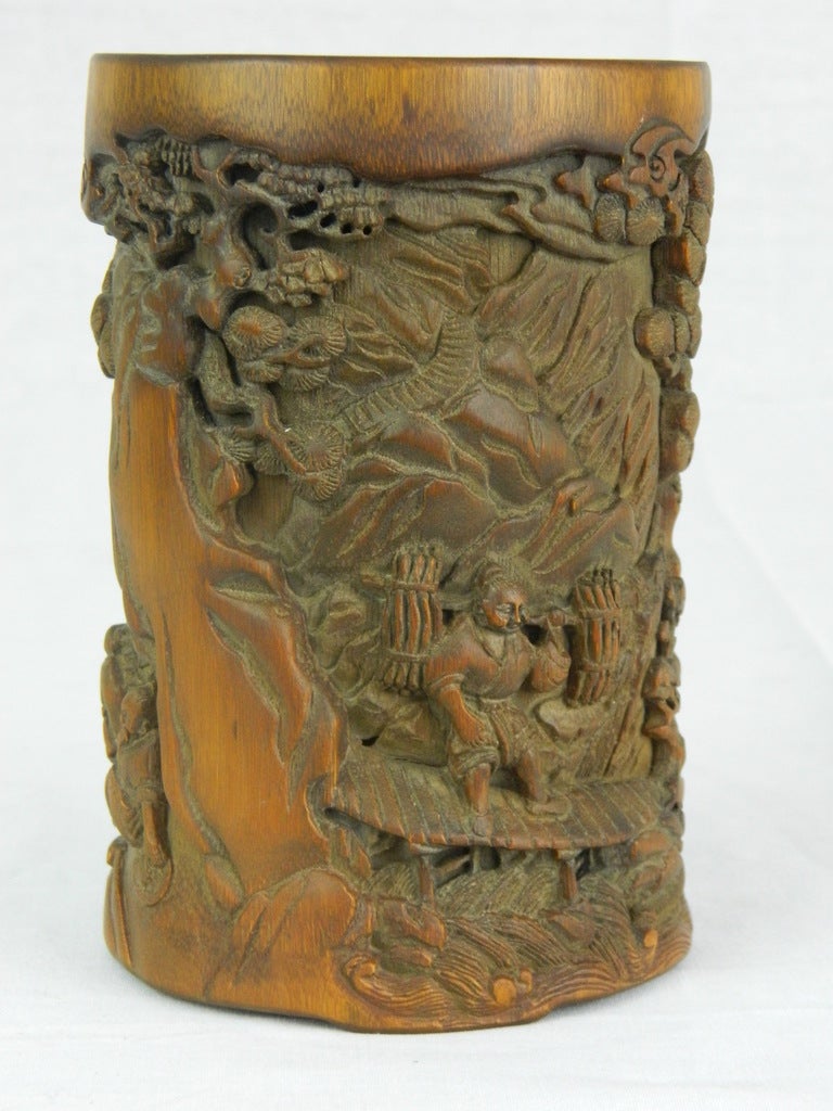 Chinese Carved Bamboo Brush Pot In Good Condition In Savannah, GA
