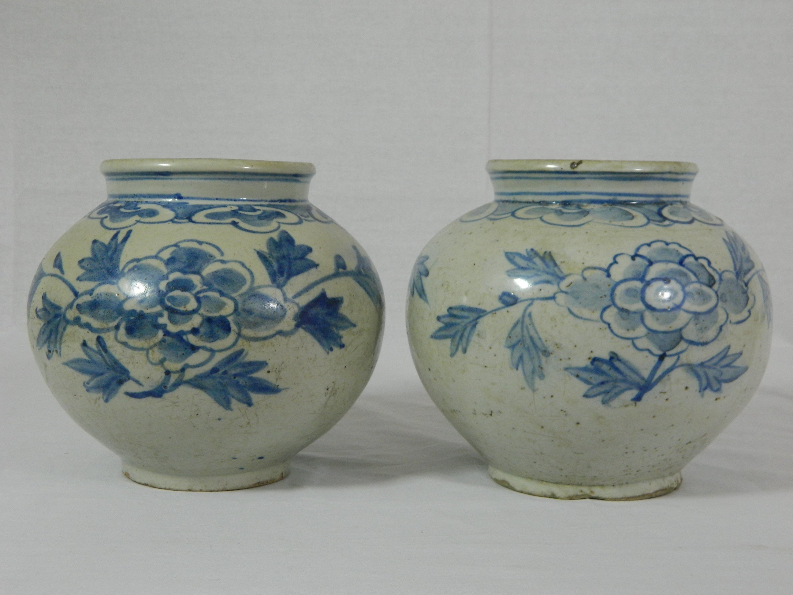 Pair of Korean Lee Dynasty Blue and White Honey Jars or Bowls, 19th Century