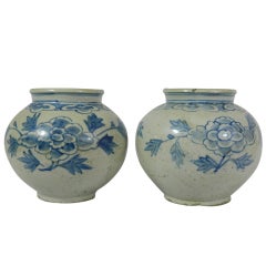 Pair of Korean Lee Dynasty Blue and White Honey Jars or Bowls, 19th Century