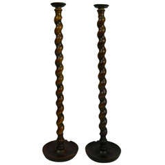 19th Century Pair of English Oak Turned Candlesticks with Brass Candle Holders