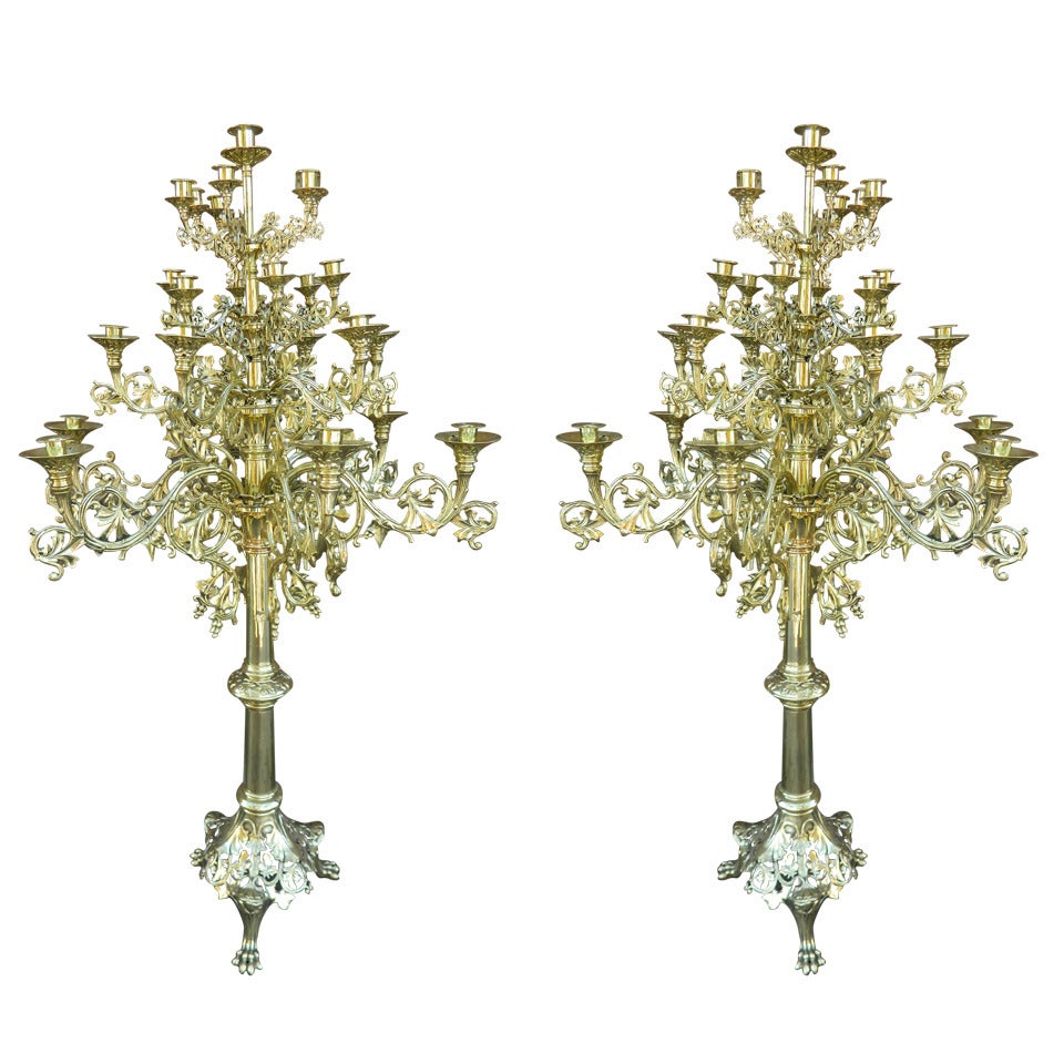 Circa 1860 Pair of Tall Floor Standing Twenty Five Candle Candelabras For Sale
