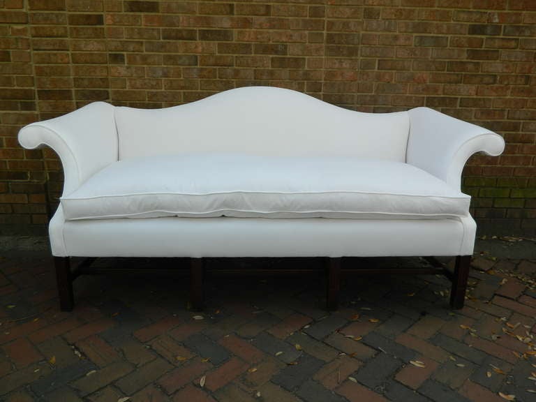 19th Century Chippendale Mahogany Camelback Sofa.  Down Cushion.  Upholstered in Muslin