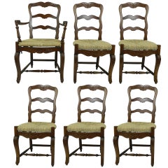 Set of Six French Provincial Style Walnut Dining Chairs, 20th Century