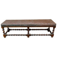 Antique 19th Century English Barley Twist Bench with Woven Leather Top