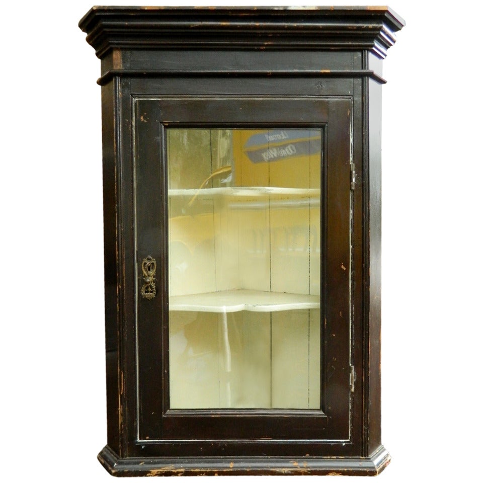 19th Century Rustic English Corner Hanging Cabinet with Glass Door