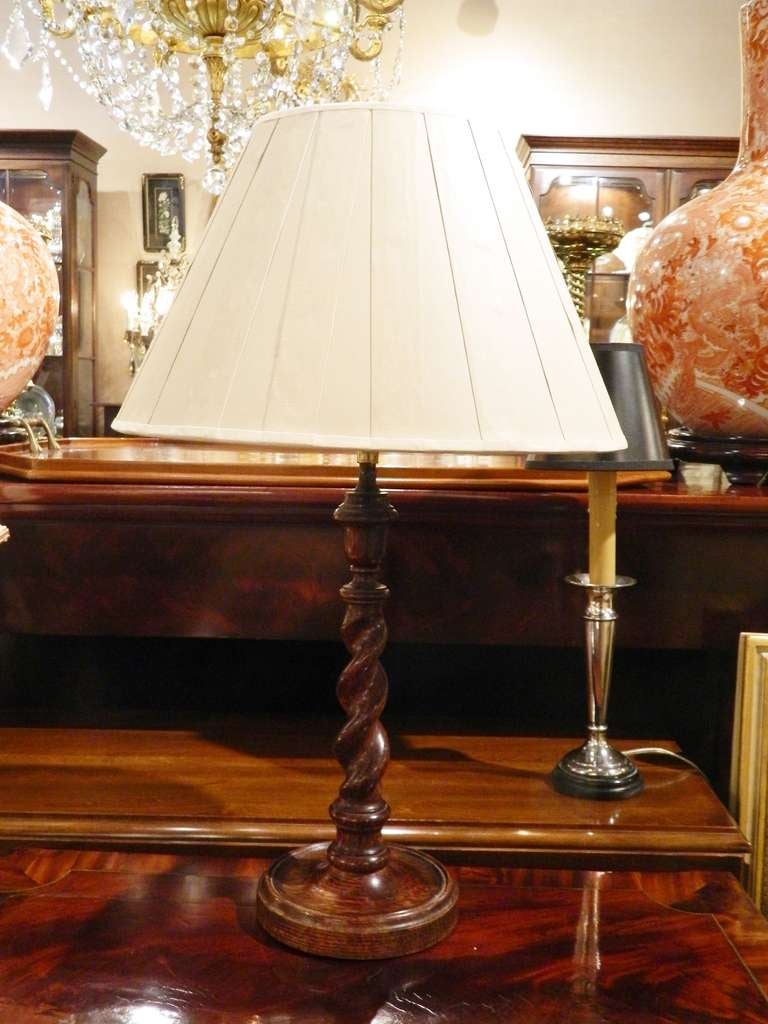 19th Century English Barley Twist Candlestick Adapted as a Lamp with Custom Pleated Shade