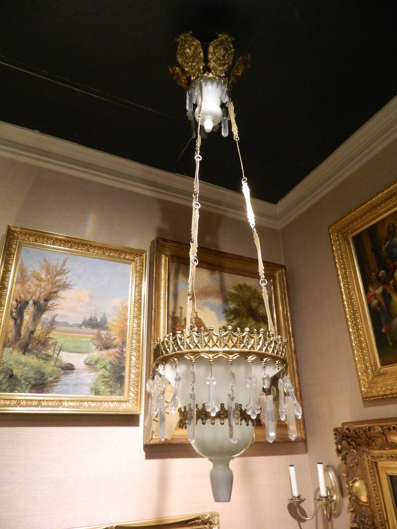 19th Century French Six-Light Chandelier with Opaline Glass and Brass In Good Condition For Sale In Savannah, GA