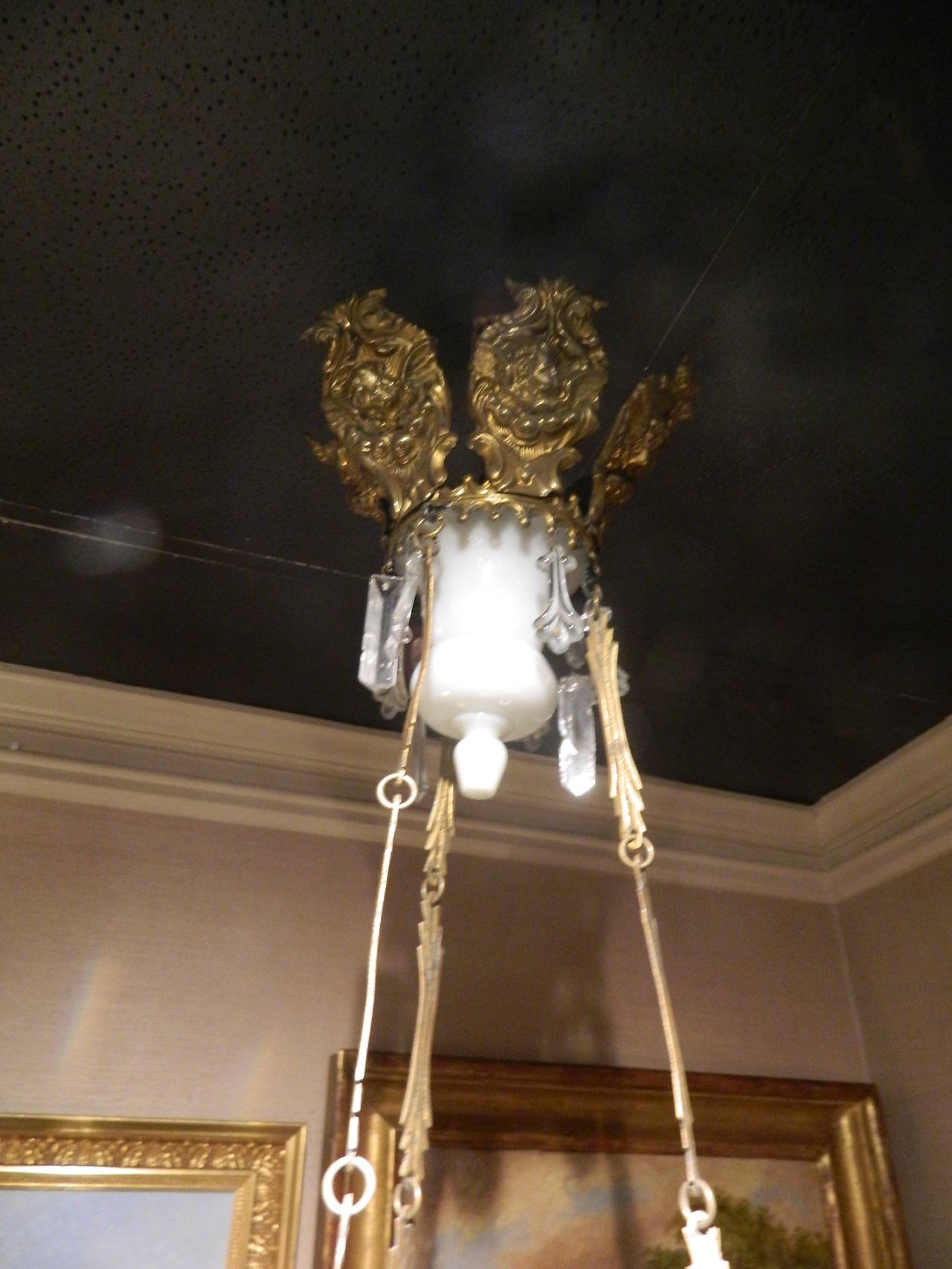 19th Century French Six-Light Chandelier with Opaline Glass and Brass For Sale 1