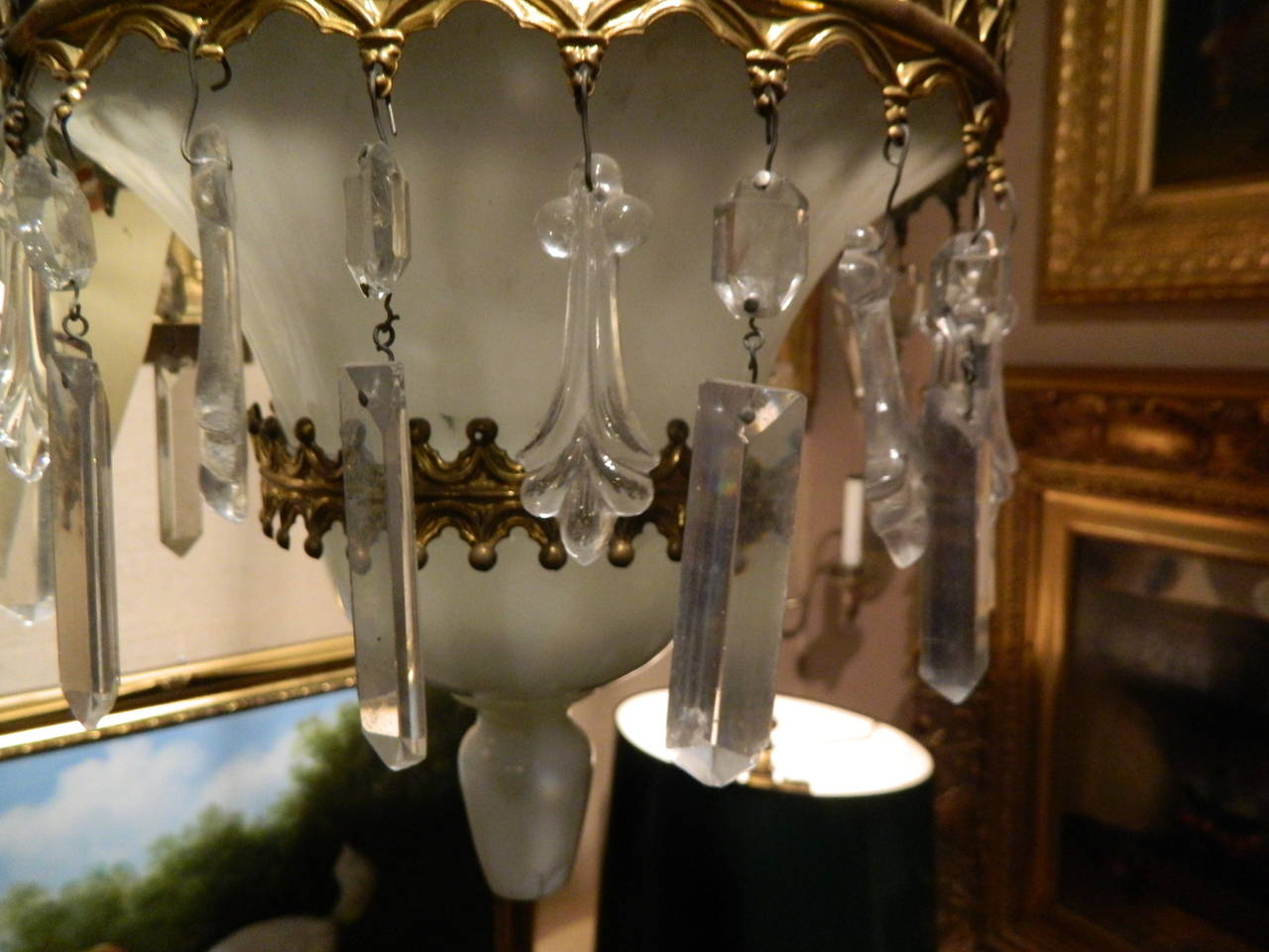 19th Century French Six-Light Chandelier with Opaline Glass and Brass For Sale 2