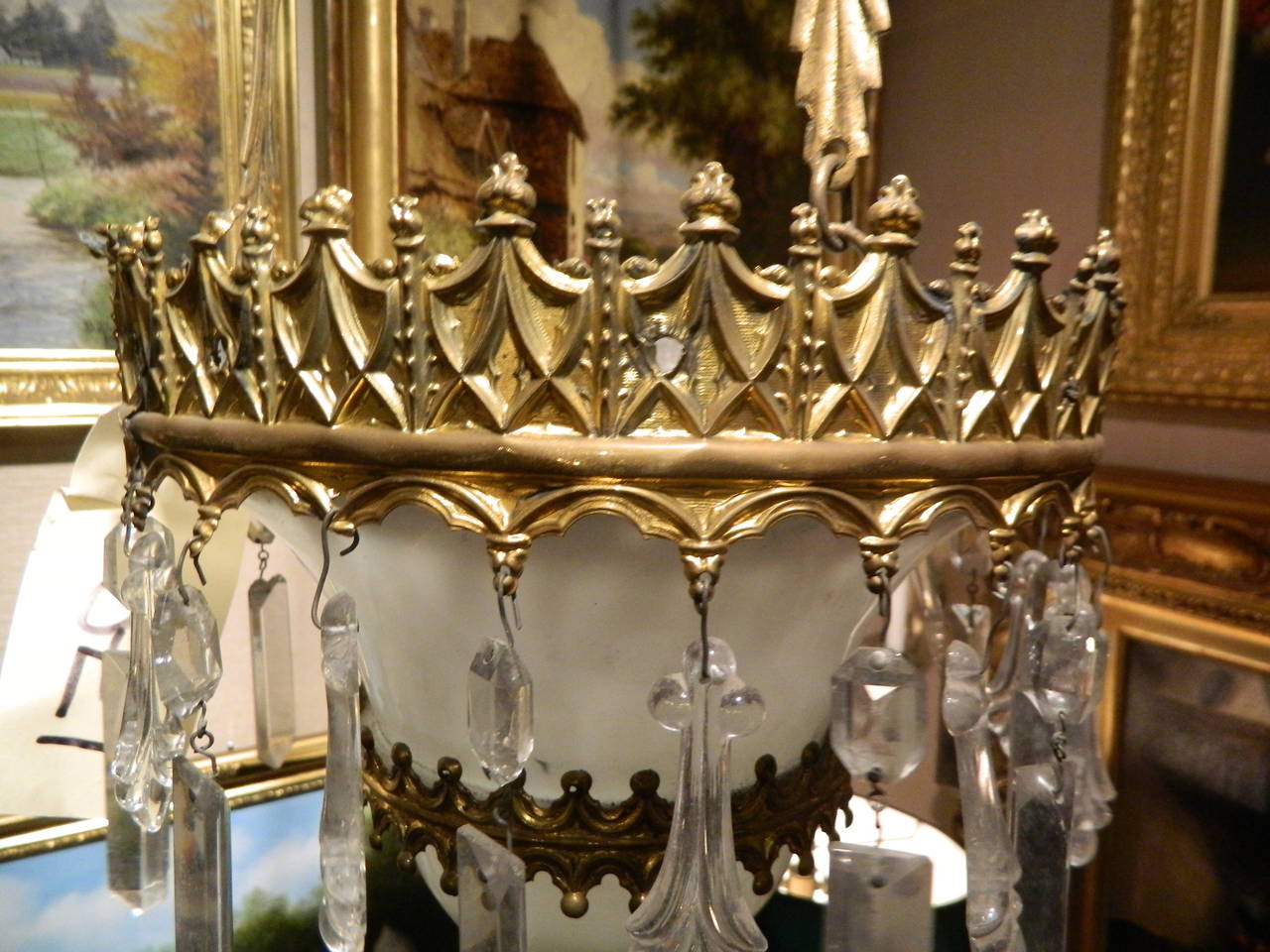 19th Century French Six-Light Chandelier with Opaline Glass and Brass For Sale 3