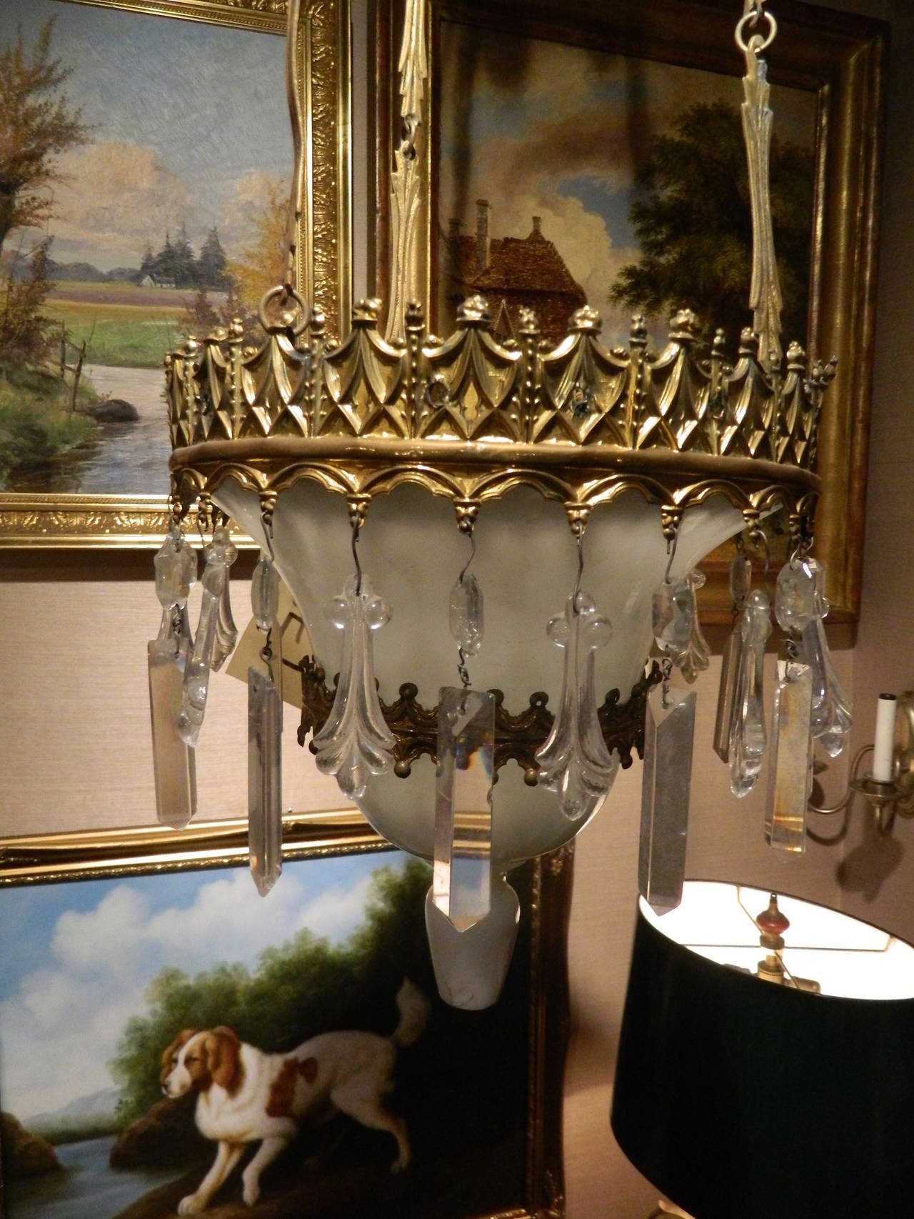 19th Century French Six-Light Chandelier with Opaline Glass and Brass For Sale 5
