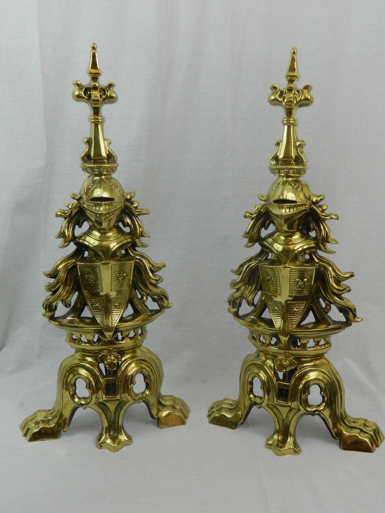 French 19th Century Pair of Armorial Polished Brass Chenet or Andirons and Bar